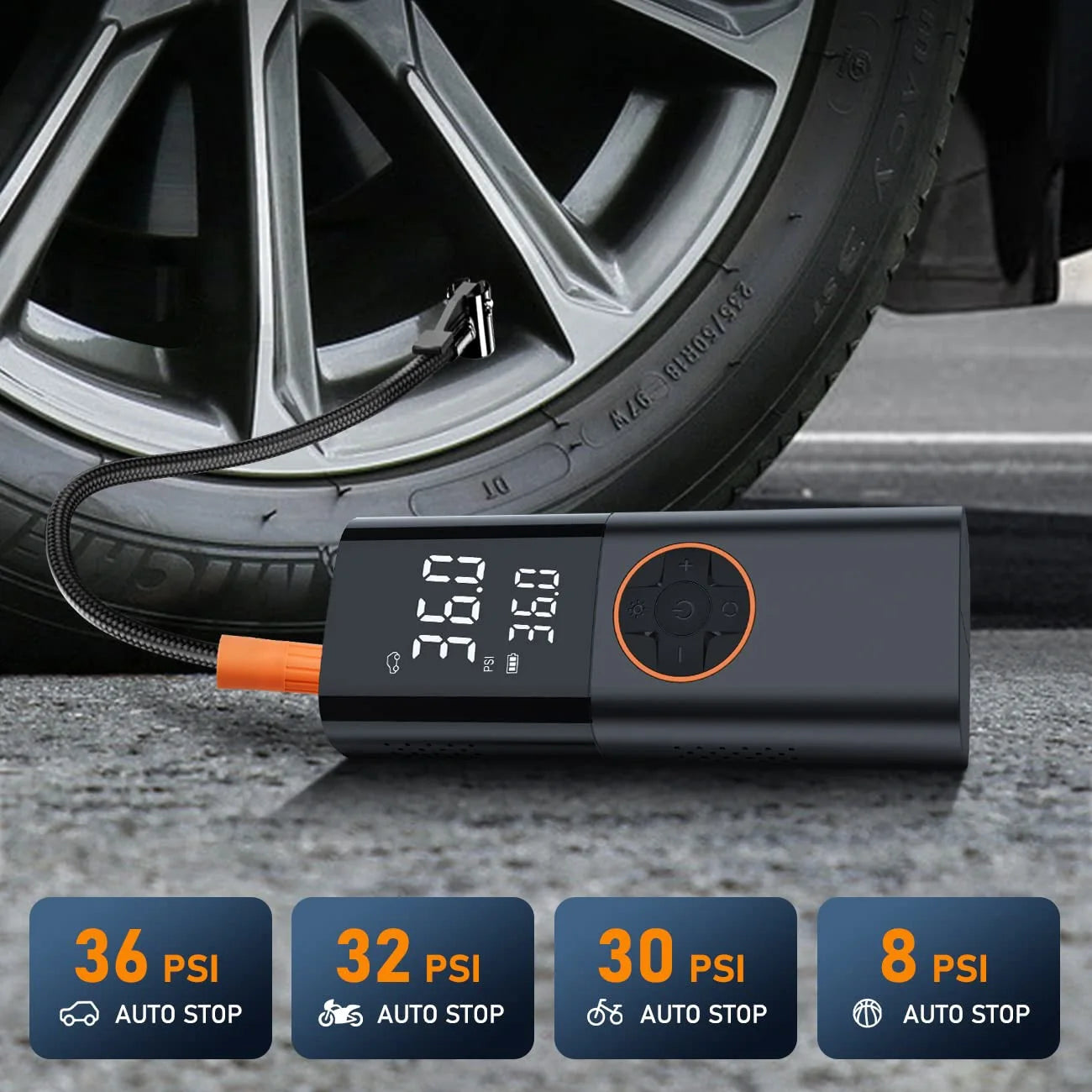 Portable Tire Inflator air compressor digital PSI gauge.