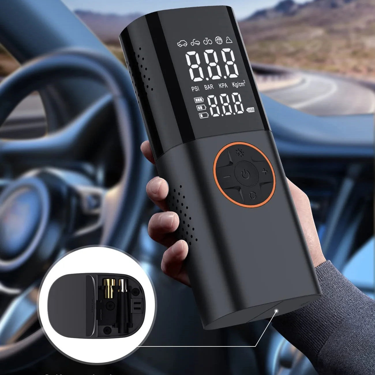 Portable Tire Inflator air compressor digital PSI gauge.