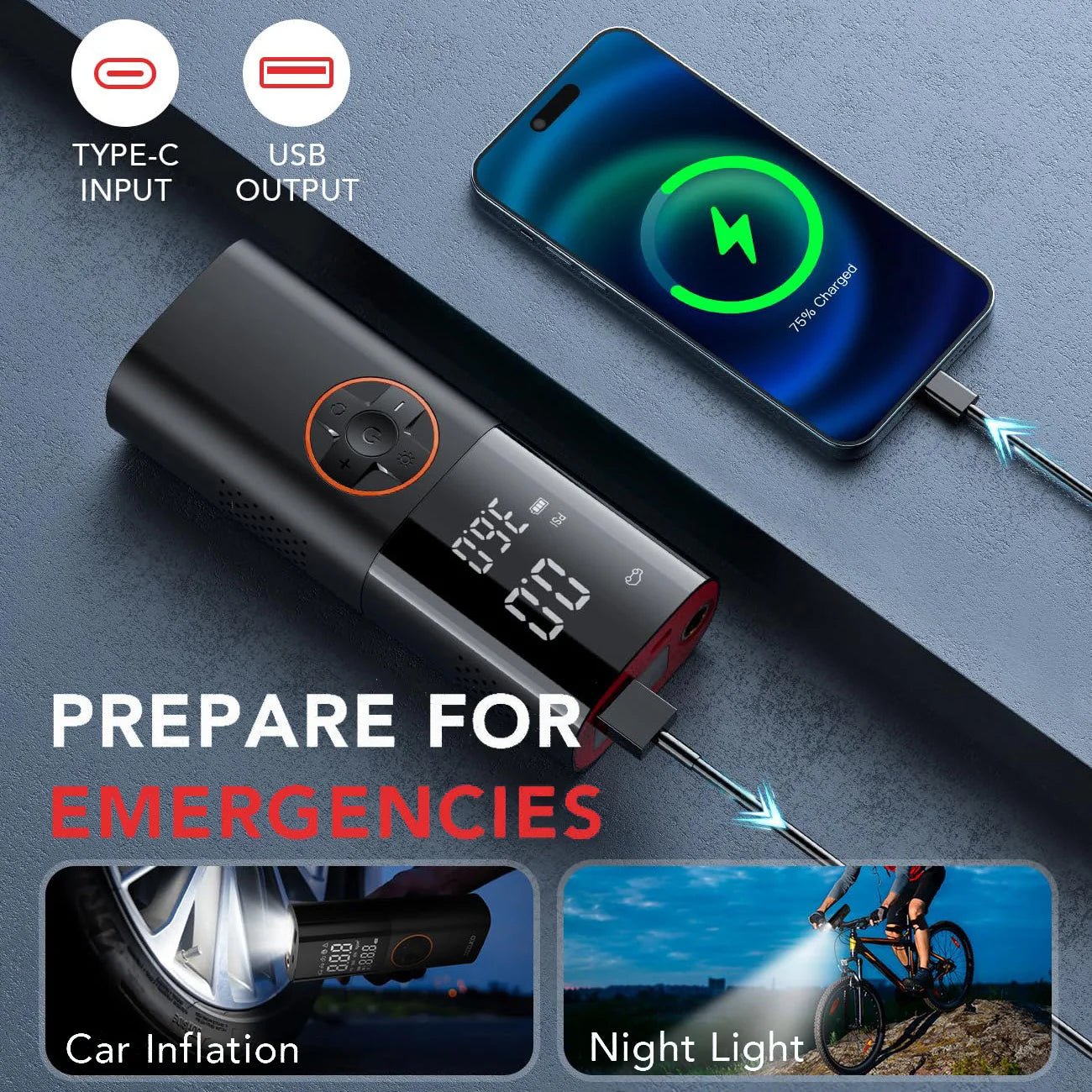 Portable Tire Inflator air compressor digital PSI gauge.